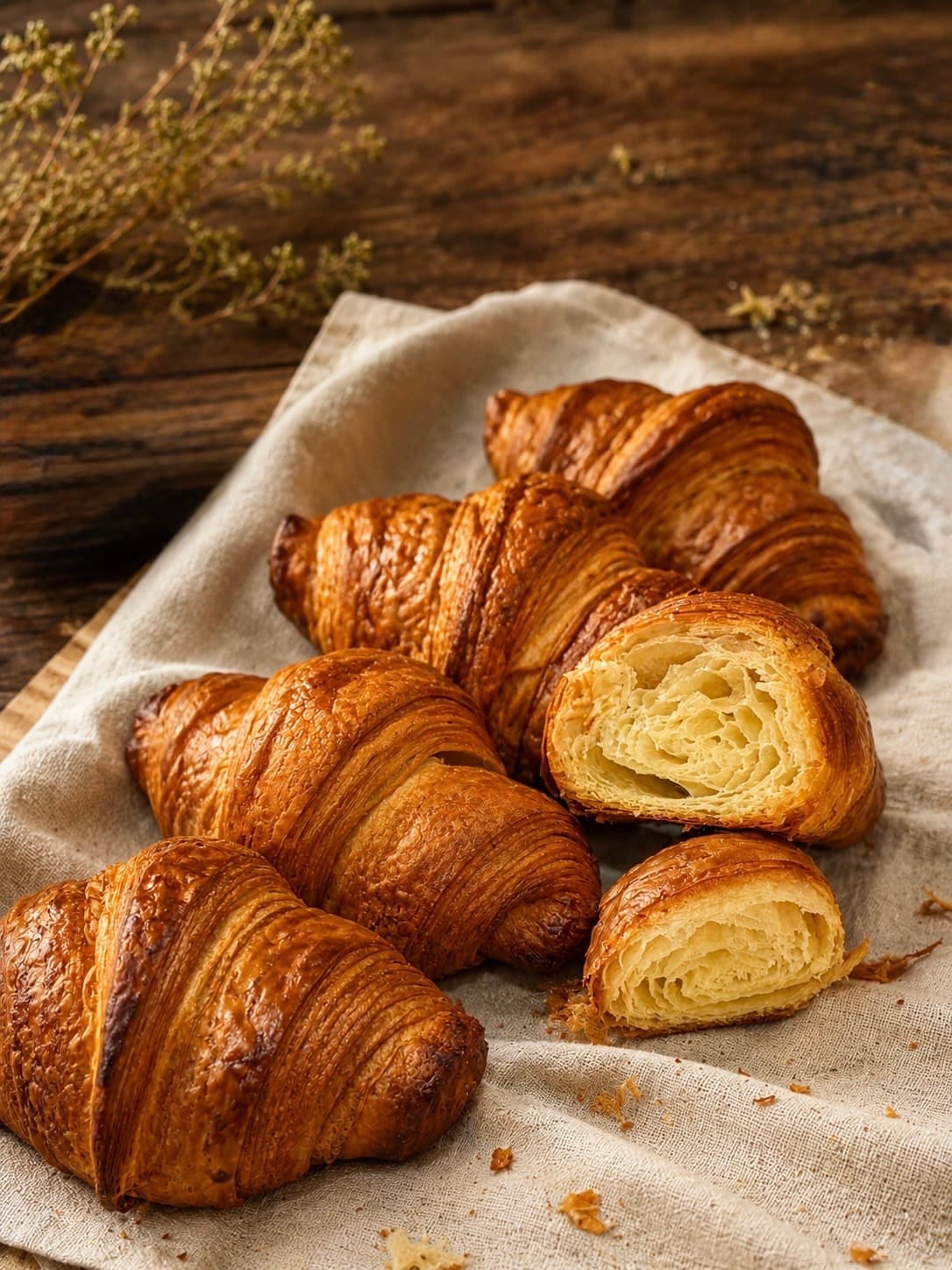 Croissants cut open to show the honeycomb crumb